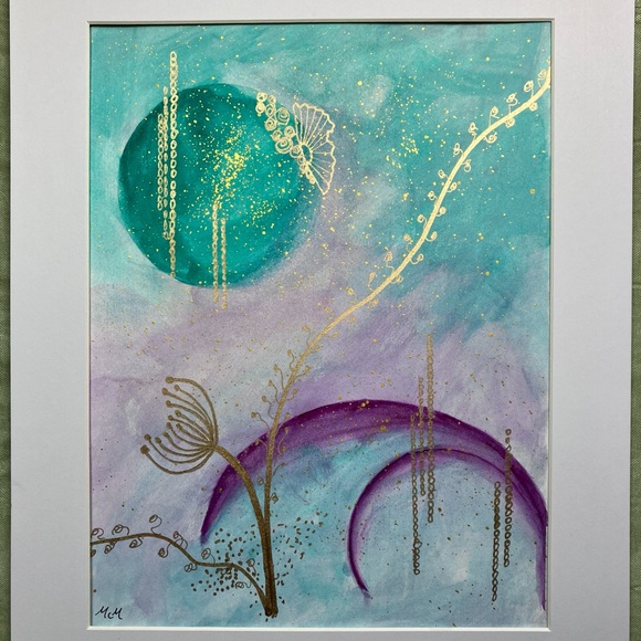 Abstract Original Watercolor Gold Leaf Floral Green & Purple Painting, 9x12 - Picture 4 of 12